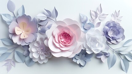 Elegant paper-cut flower arrangement with overlapping layers, showcasing intricate details of petals and foliage in soft, pastel colors on a plain white background. 8k UHD, suitable for high-quality 