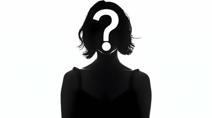 Black silhouette of a woman with a white question mark above her head, placed on a white backdrop