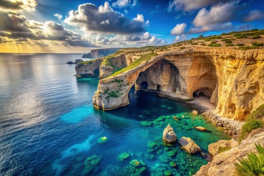 Explore Malta's breathtaking coastal landscape: Blue Grotto, Wied iz-Zurrieq caves, Filfla islet, dramatic cliffs, and azure waters.