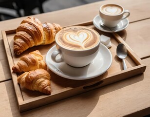 Delightful Breakfast: Croissants and Heart-Shaped Latte Art