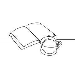 Single continuous line drawing of books with a cup of coffee above on library desk. Business and...