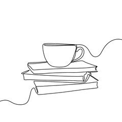 Single continuous line drawing of books with a cup of coffee above on library desk. Business and...