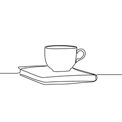 Single continuous line drawing of books with a cup of coffee above on library desk. Business and education concept. One line draw coffee and books.