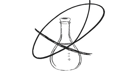 An outline of an atom with a laboratory flask underneath it, rendered in black on a clean white background.