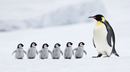 Naklejka premium A group of emperor penguin chicks standing in a line with an adult penguin nearby.