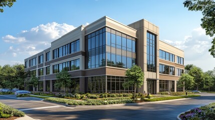 Fototapeta premium Realistic 3D Architectural Rendering of Modern Office Building Surrounded by Landscaped Environment with Clear Blue Sky