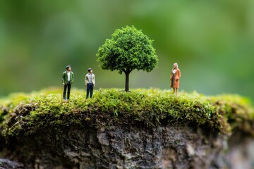 Miniature Figures Standing Beside Tree on Green Mossy Surface