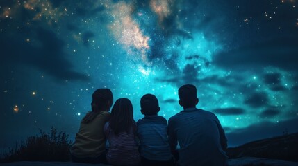 Fototapeta premium A group of children gazing at a starry night sky filled with vibrant colors.