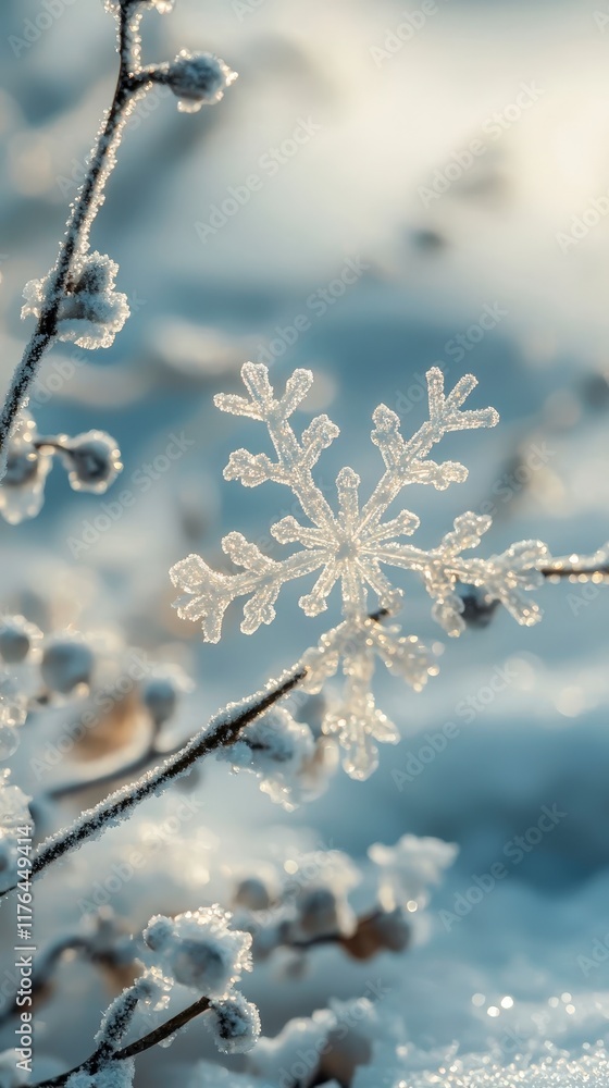 Poster sparkling winter snowflake on frosty branch