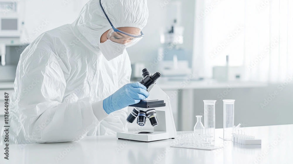 Poster scientist using a microscope in a lab