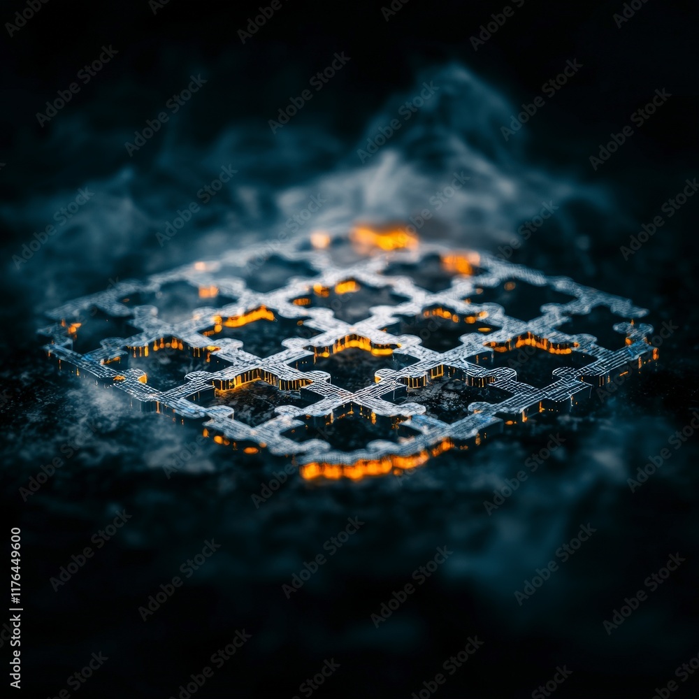 Poster abstract tech puzzle interlocking metal pieces api integration digital network