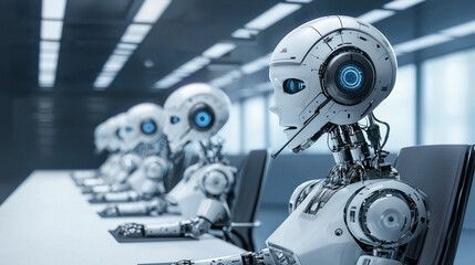 The Rise of the Machines: A row of sleek, humanoid robots sit in a modern office setting, their blue eyes reflecting an unsettling intelligence.