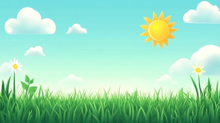 Obraz premium A bright, cheerful landscape featuring grass, flowers, clouds, and a sun.