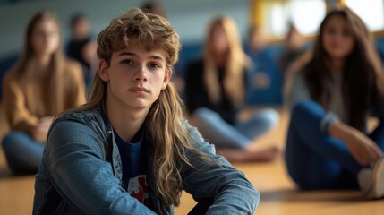 Fototapeta premium a young boy sitting on the floor in front of a group of girls