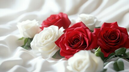 Fototapeta premium Elegant Arrangement of Red and White Roses Placed on Soft White Sheets with Ample Copy Space for Creative Design Use