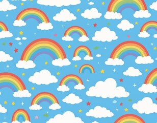 Rainbow Clouds Sky Seamless Pattern:  Vibrant, Cartoon Illustration Background