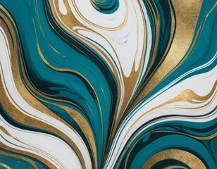 Fluid Art Abstract Painting: Teal, Gold, and White Swirls