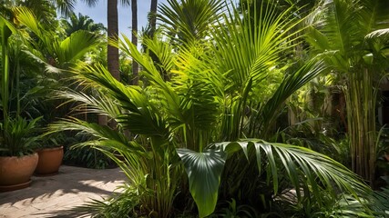 Fototapeta premium Sun-Kissed Beauty: Dypsis Lutescens Palms in a Vibrant Tropical Garden