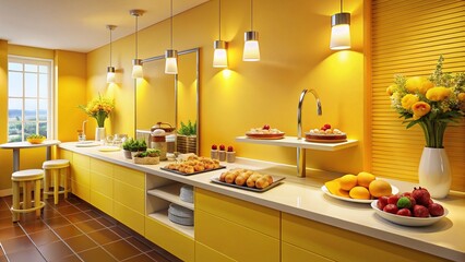 Vibrant Yellow Restroom Interior with Stylish Food Photography Props
