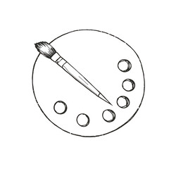 A simple outline of a paintbrush resting on an artist's palette, drawn in black on a plain white background.
