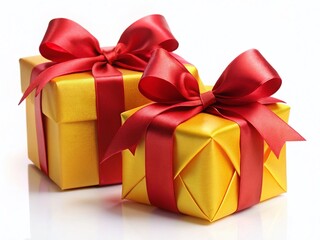 Obraz premium Vibrant Yellow & Red Gift Boxes with Ribbons, Isolated on White Background - Perfect for Holiday & Celebration Designs