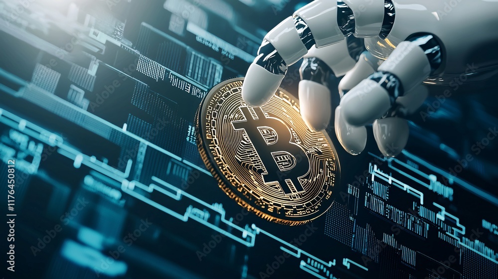 Aufkleber digital currency flowing from a robot hand into a virtual stock market, [crypto trading], [robot inv