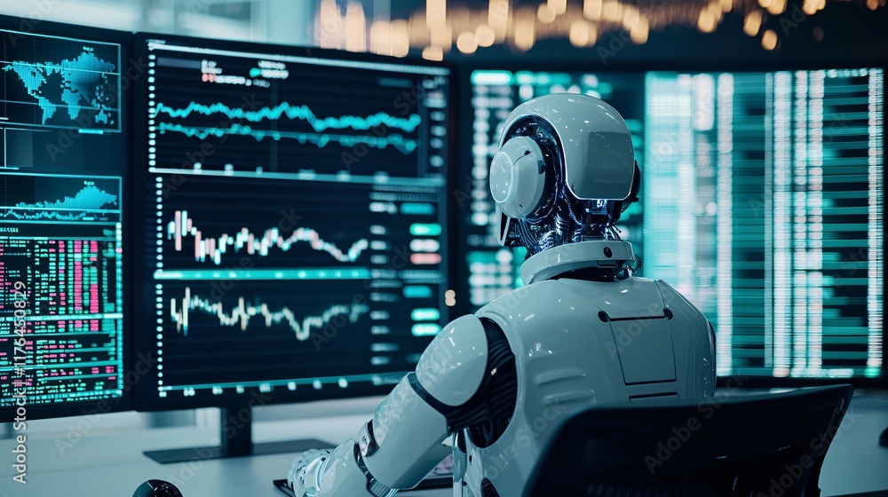 Poster robot sitting at a futuristic trading desk analyzing stock graphs on virtual screens, [ai analysis],
