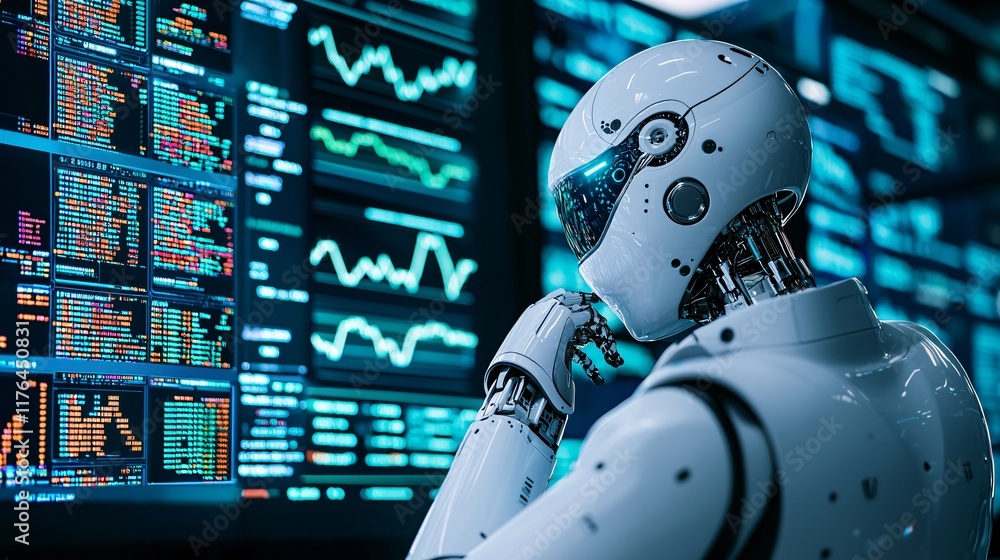 Poster robot sitting at a futuristic trading desk analyzing stock graphs on virtual screens, [ai analysis],