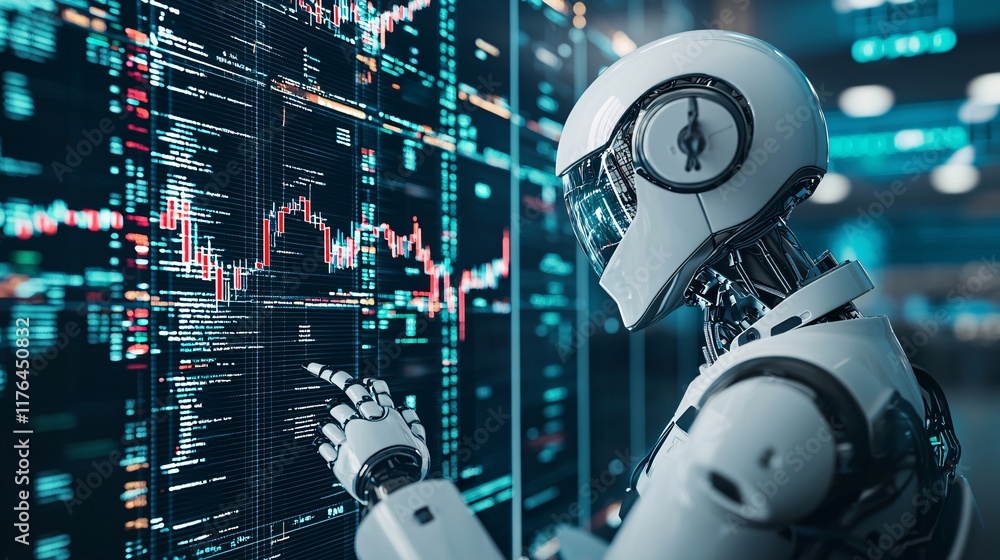 Poster robot sitting at a futuristic trading desk analyzing stock graphs on virtual screens, [ai analysis],
