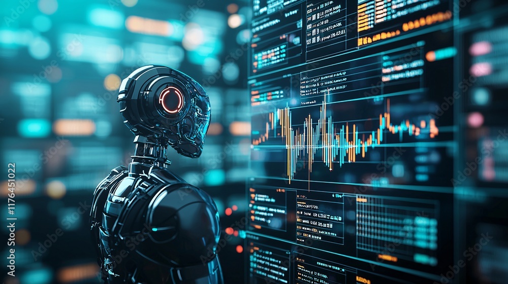 Poster robot monitoring stock trades through a holographic interface in a darkened trading room, [data surv