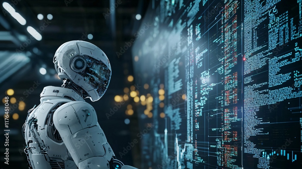 Poster robot monitoring stock trades through a holographic interface in a darkened trading room, [data surv