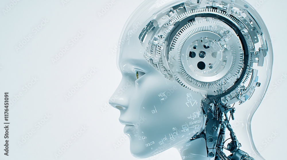 Poster mechanical gears turning inside a robotic head while it processes real-time stock data, [precision],