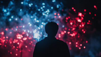 Fireworks illuminate the night sky as a person watches in awe