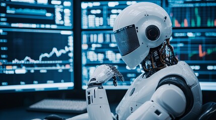 Robot sitting in a control room filled with screens displaying stock market volatility, [market control], [AI responding to financial shifts]