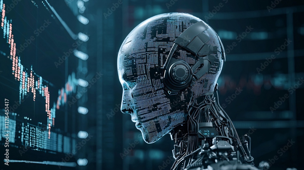 Poster binary stock market data being processed inside a robotic brain, [ai data processing], [digital fina