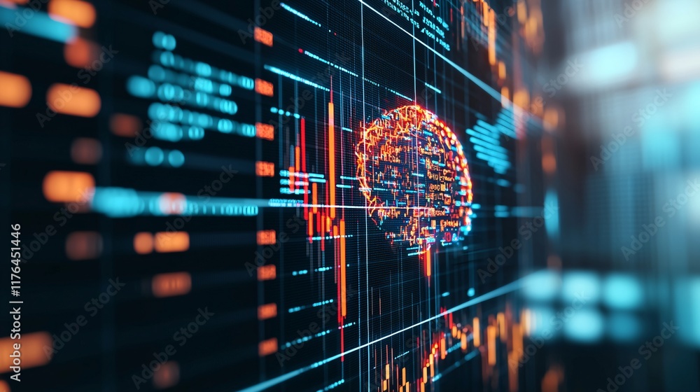 Poster binary stock market data being processed inside a robotic brain, [ai data processing], [digital fina