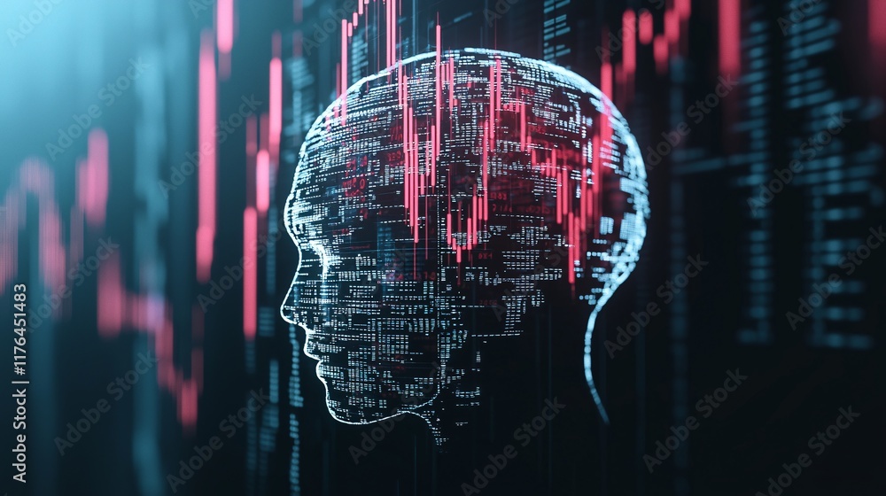 Poster binary stock market data being processed inside a robotic brain, [ai data processing], [digital fina