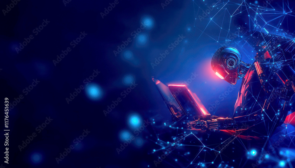 Aufkleber futuristic robot reading in a digital universe filled with data.