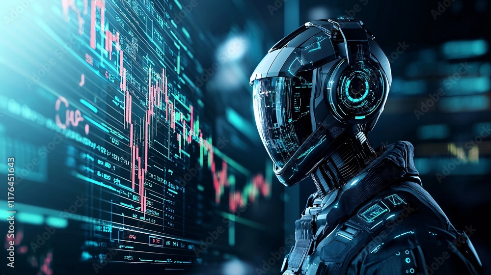 Poster robotic trader in a high-tech trading room, interacting with a floating holographic stock chart, [fi