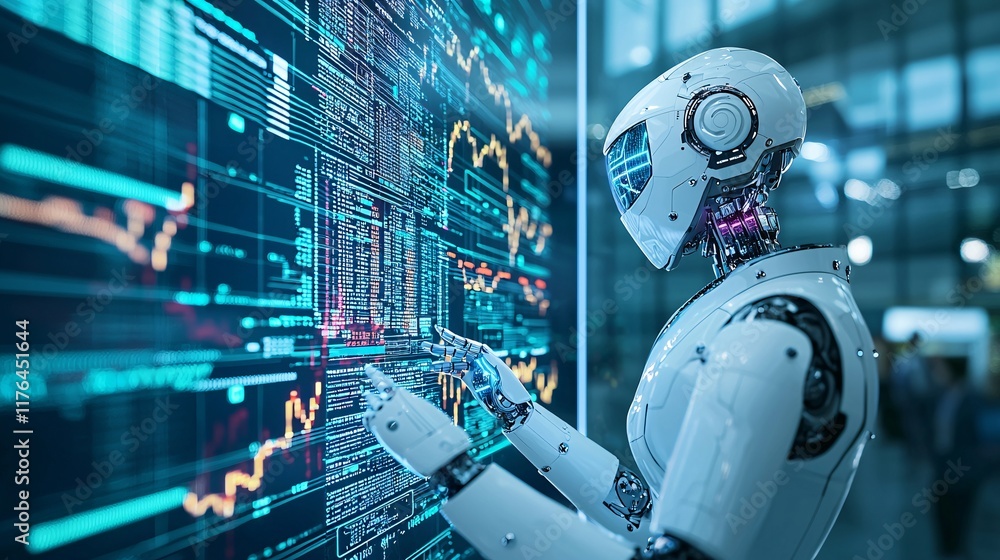 Poster robotic trader in a high-tech trading room, interacting with a floating holographic stock chart, [fi