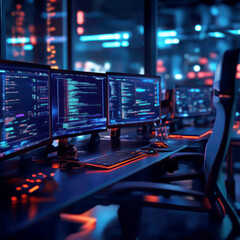 Futuristic workspace with multiple glowing computer screens.