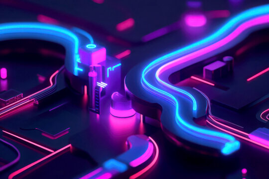 Futuristic neon circuit design with vibrant colors and shapes.
