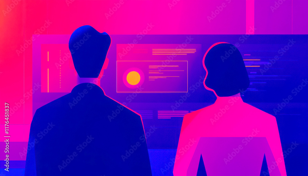 Poster two figures analyzing data on a vibrant glowing screen.