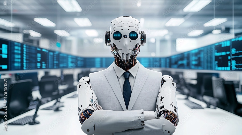 Poster ai-driven robot wearing a suit and tie, managing an investment portfolio, [professional ai], [robot 