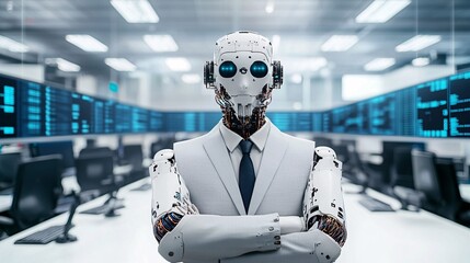 AI-driven robot wearing a suit and tie, managing an investment portfolio, [professional AI], [robot handling high-level financial investments]