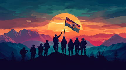 Naklejka premium Soldiers celebrate unity at sunset with Indian flag in the mountains