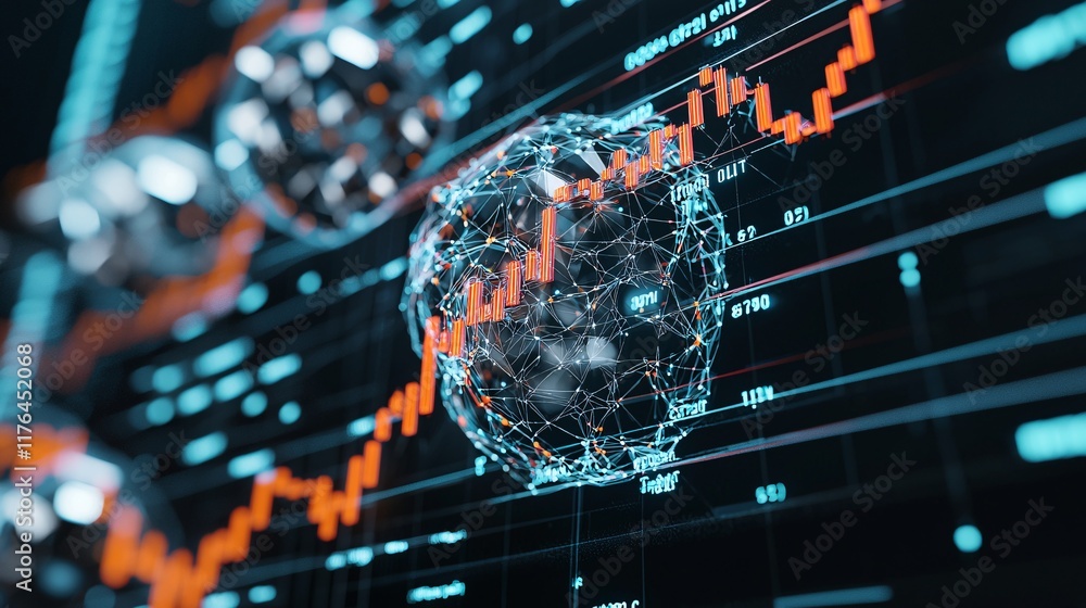 Poster stock market graph being processed through a robotic neural network, [financial processing], [ai lea