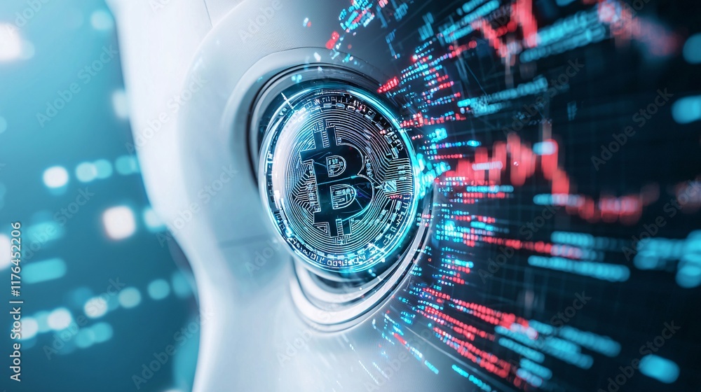 Poster robotic eye reflecting fluctuating crypto and stock prices in real time, [surveillance], [robot trac