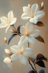 Painting of white blossoms, leaves, and buds.