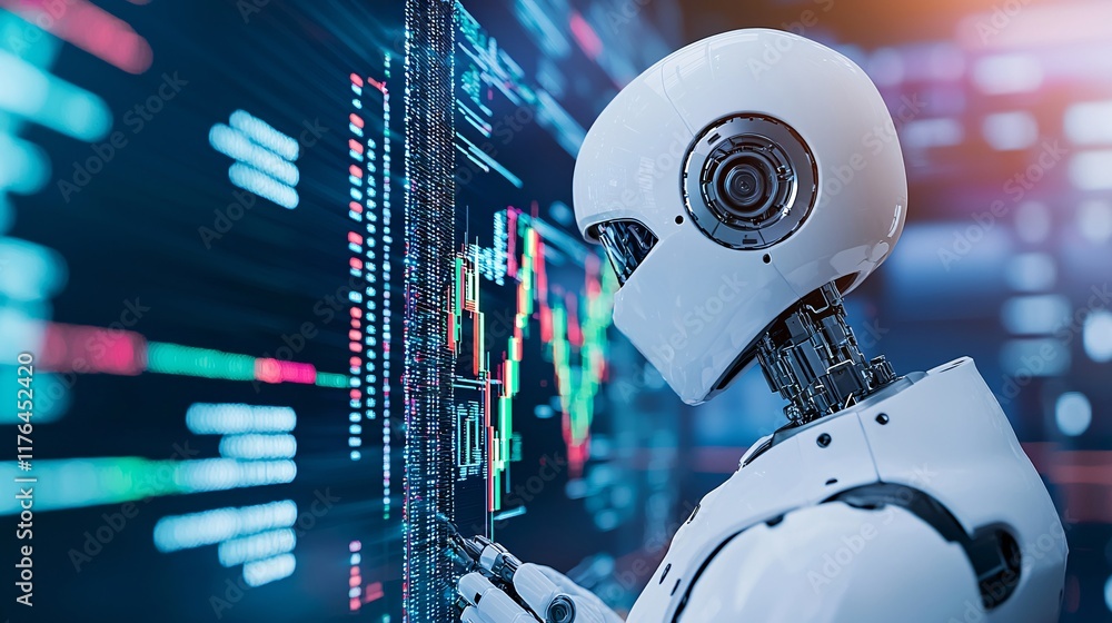 Poster robots creating a complex blockchain structure while analyzing market data, [crypto and ai], [robot 